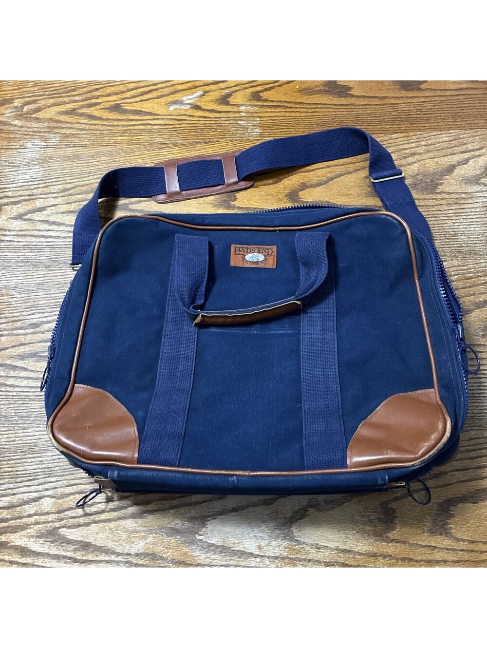 Vintage 1990s LANDS END Luggage Set Canvas Leather Trim Messenger Bag Blue